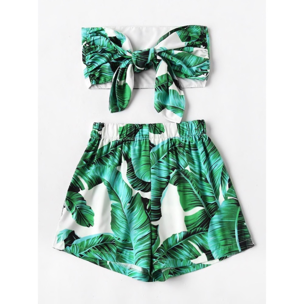 Tropical print crop top & shorts set green white - Picture 2 of 3